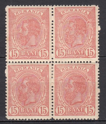 ROMANIA 1898 LP 51f REGELE CAROL I SPIC DE GRAU FILIGRAN PR VALOAREA 15 BANI ROSU BLOC DE 4 TIMBRE GUMA ORIGINALA SARNIERA foto