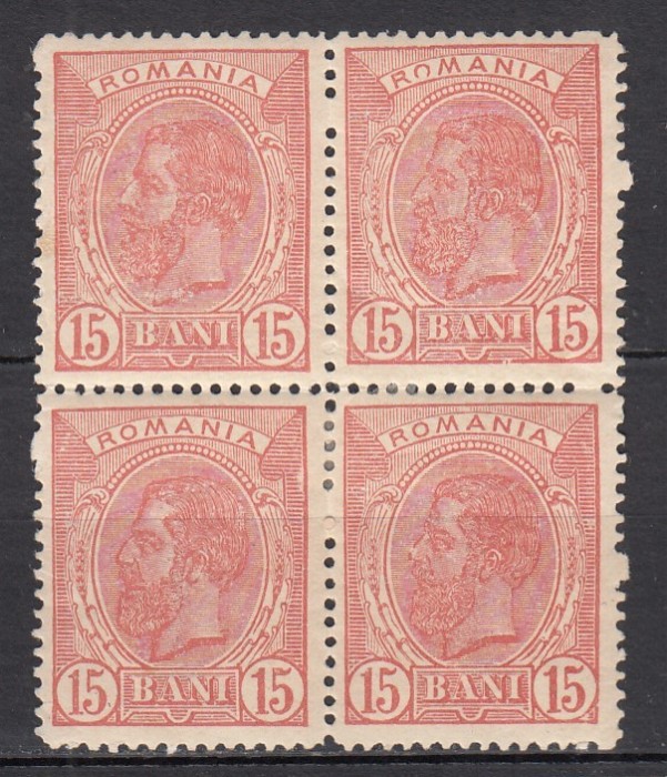 ROMANIA 1898 LP 51f REGELE CAROL I SPIC DE GRAU FILIGRAN PR VALOAREA 15 BANI ROSU BLOC DE 4 TIMBRE GUMA ORIGINALA SARNIERA
