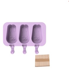 Forma inghetata cu 3 compartimente, din silicon alimentar, 50 de bete, Forma iepuras, Mov, TopBazar