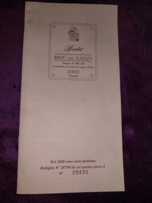 Document Clasare Sticla vin Berta pe NUMĂRUL BRIC DEL Grappa din Mesende,N&deg;09495