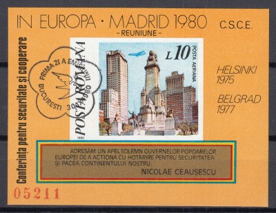 ROMANIA 1980 LP 1019 C.S.C.E. MADRID COLITA NEDANTELATA STAMPILA PRIMA ZI A EMISIUNII foto