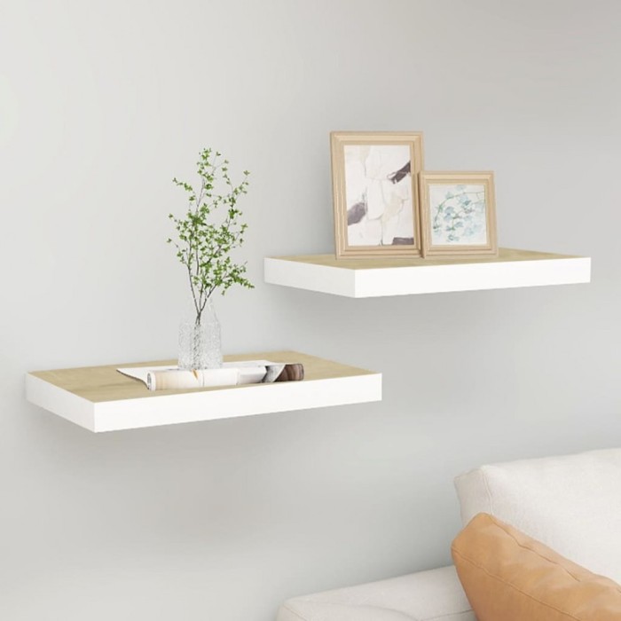 Gossi rafturi perete suspendate 2 buc. alb/stejar 50x23x3,8cm mdf