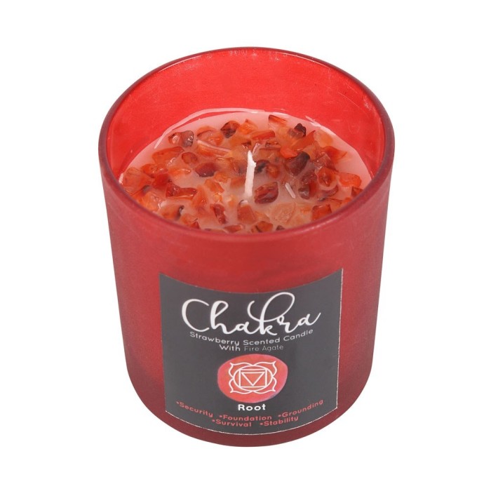 Lum&acirc;nare cu Cristale pentru Chakra Rădăcină &ndash; Aromă de Căpșuni și Agat de Foc