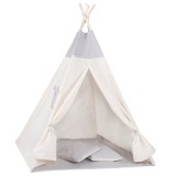 Cort copii Sersimo stil indian Teepee Tent cu fereastra, covoras gros si 2 perne, alb gri monocrom Household NewTrend