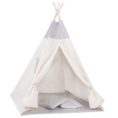 Cort copii Sersimo stil indian Teepee Tent cu fereastra, covoras gros si 2 perne, alb gri monocrom Household NewTrend