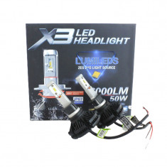 Resigilat Set 2 LED-uri Auto Techstar® X3, H1, 25w, 3000 Lumeni, 3000K/6500K/8000K, AUTO, 12-24 Volti, ZES, Canbus, Miez Cupru, Radiator Aluminiu