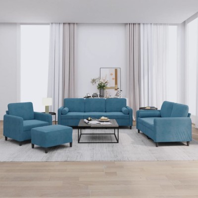 vidaXL Set de canapele cu perne, 4 piese, albastru, catifea foto