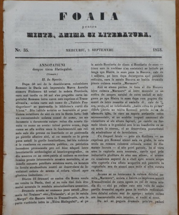 Foaia pentru minte , inima si literatura , nr. 35 , 1853 , Brasov , Muresanu