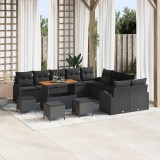 Set canapea gradina Gossi 13 piese cu perne negru ratan polimeric acacia, canapea gradina Gossi 2 locuri cu perne negru ratan polimeric, set dining gr