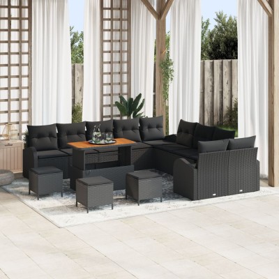 Set canapele gradina Gossi, 13 piese, cu perne, ratan negru, acacia, canapea gradina Gossi, 2 locuri, cu perne, ratan negru, polimerizat, set dining g foto