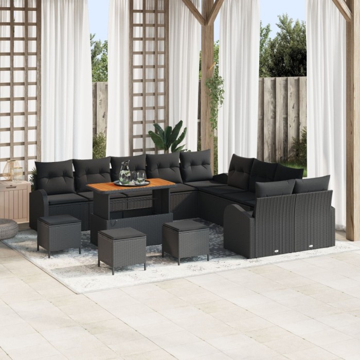 Set canapele gradina Gossi, 13 piese, cu perne, ratan negru, acacia, canapea gradina Gossi, 2 locuri, cu perne, ratan negru, polimerizat, set dining g