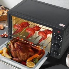 Cuptor electric cu butoane de reglare a temperaturii, a sursei de caldura, a timpului, tavita si grilaj, sticla securizata, maner ergonomic, 48 L, neg