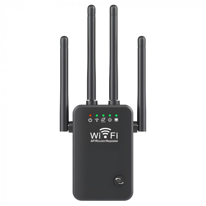 Amplificator Semnal Wireless, 2.4Hz, 4 Antene cu Technologie MIMO, Transfer 300 Mbps, Conexiune WEP, WPA si WPA2, Slot LAN, Negru