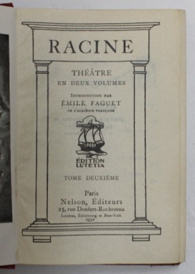 RACINE - THEATRE EN DEUX VOLUMES , TOME DEUXIEME , 1932 foto
