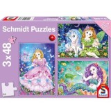 Set puzzle 3 x 24 piese, Printesa, zana si sirena + poster cadou, Schmidt