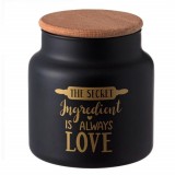 Recipient din sticla Pufo Secret Love pentru zahar, cafea, ceai sau condimente, cu capac ermetic din bambus, 630 ml, negru