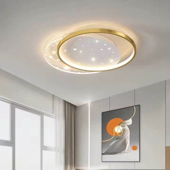 Lustra LED cu telecomanda LUNARO 110W, 2 Cercuri, lumina Rece/Calda/Neutra, Dimabila, Auriu Alb ModernLight Concept