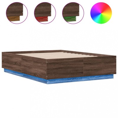 Cadru pat cu lumini LED stejar maro 120x190 cm lemn prelucrat foto