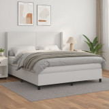 VidaXL Pat box spring cu saltea, alb, 160x200 cm, piele ecologică