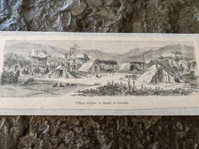 Gravura, Sat Tiganesc in Valahia, desen Lancelot, cca 1860, caserat, 16x6 cm foto