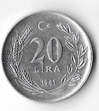 Moneda Turcia 20 Lira 1981 FAO, Tiraj 28.063 - Numismatică Colecție, Europa, Aluminiu