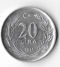 Moneda 20 lira 1981 - Turcia, FAO, tiraj: 28.063 foto