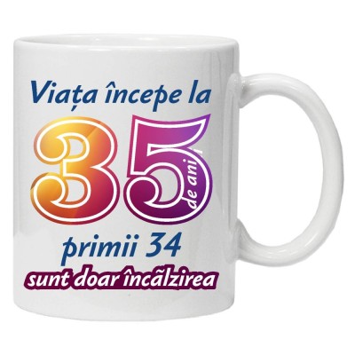 Cana alba personalizata &amp;quot; Viata incepe la &amp;quot; 35 ani, INOVATIX&amp;reg;. 330ml foto