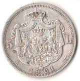 SV * Romania 5 LEI 1901 * ARGINT. 835 * Regele Carol I * Tiraj = 68.850 ! ! !