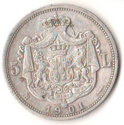 SV * Romania 5 LEI 1901 * ARGINT. 835 * Regele Carol I * Tiraj = 68.850 ! ! ! foto
