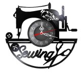 Ceas de perete decorativ din disc de vinil, Model Mașină de Cusut Vintage &bdquo;Sewing&rdquo; cu Foarfecă, Negru, 30 cm
