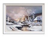 Tablou peisaj de iarna pictat manual inramat, La apus, 80x60cm ulei pe panza, Geo Ungureanu
