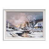 Tablou peisaj de iarna pictat manual inramat, La apus, 80x60cm ulei pe panza, Geo Ungureanu