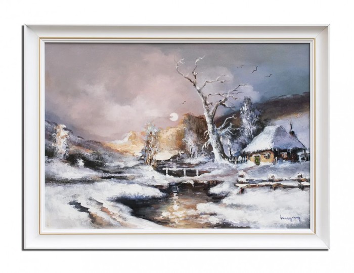 Tablou peisaj de iarna pictat manual inramat, La apus, 80x60cm ulei pe panza, Geo Ungureanu