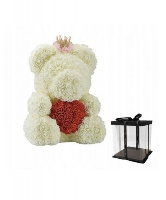 Ursulet Floral BIG 40 cm DeLuxe Queen Alb cu Inimioara Rosie cu coronita + cutie de cadou ManiaMagic foto