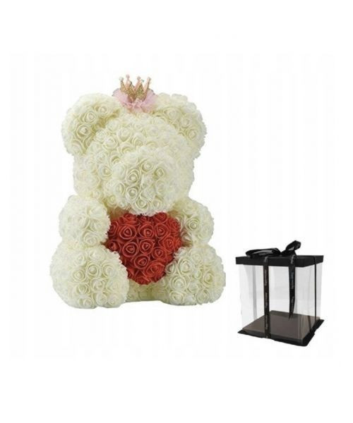 Ursulet Floral BIG 40 cm DeLuxe Queen Alb cu Inimioara Rosie cu coronita + cutie de cadou ManiaMagic