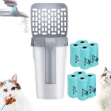 Set de lingura pentru asternut la pisici cu cos de gunoi atasat si 120 de saci de umplere YAWMLYE, plastic, gri/albastru, 29,9 x 10,6 x 9 cm