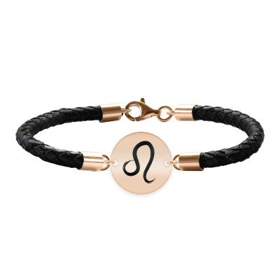 Bratara Premium din piele impletita si banut argint 925 placat cu aur Roz personalizat cu zodiac - Leu foto