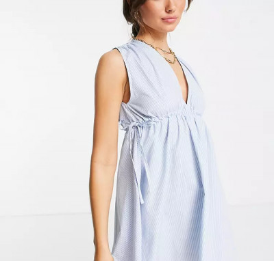 Rochie mini cu decolteu si imprimeu in dungi, alb/albastru, M foto