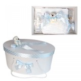 Set trusou botez si cutie trusou, Ursulet, fundita bleu cu buline, Denikos&reg; 24