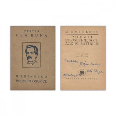 Mihai Eminescu, Poezii filosofice, sociale și satirice, 1923, cu dedicația lui Dorli Blaga foto
