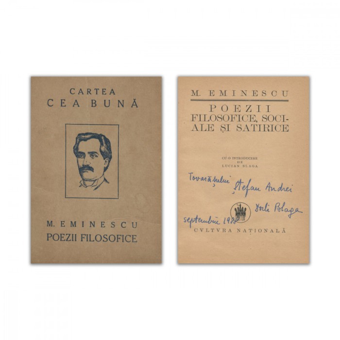 Mihai Eminescu, Poezii filosofice, sociale și satirice, 1923, cu dedicația lui Dorli Blaga