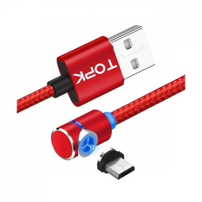 Cablu magnetic incarcare telefone mobile, TOPK, LED, lungime 1m, 2.4A USB la Micro USB, unghi 90 grade, rotatie 360, rosu foto