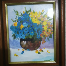 Tablou vas cu flori, ulei pe carton, rama, semnat, sticla, 34 x 29 cm cu rama