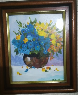 Tablou vas cu flori, ulei pe carton, rama, semnat, sticla, 34 x 29 cm cu rama foto