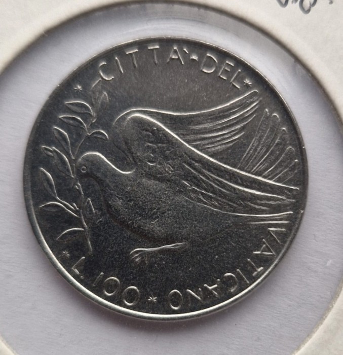 Vatican 100 Lire 1975 moneda otel km # 122 tiraj mic rara Paul VI