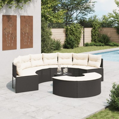 vidaXL Set canapea de grădină, 3 piese, semi-rotunde, negru, poliratan foto