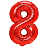Balon din folie metalizata flippy, figurina cifra, tema aniversare 40 cm, ambalaj individual, pai inclus, umflare cu aer sau heliu, rosu, cifra 8