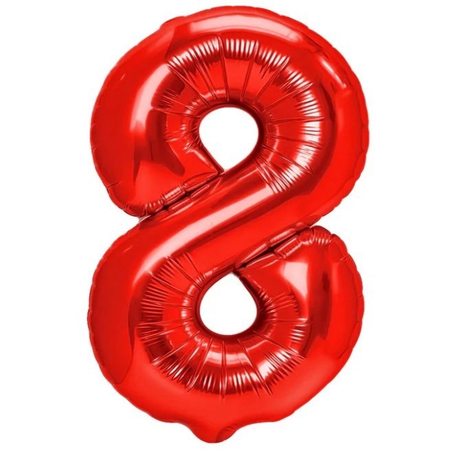 Balon din folie metalizata flippy, figurina cifra, tema aniversare 40 cm, ambalaj individual, pai inclus, umflare cu aer sau heliu, rosu, cifra 8