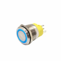 Buton push iluminat cu mentinere, 5A 12, 24V DC, 22mm, IP65, metalic, inel LED albastru, 5 pini, FLM22-FJ-1-EX000-S11Z5-BLUE