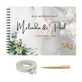 Set Album foto / GuestBook pentru nunta, design floral minimalist, personalizabil, A4 landscape, pix si dubluadeziv inclus, 3 piese, 40 file, accesori